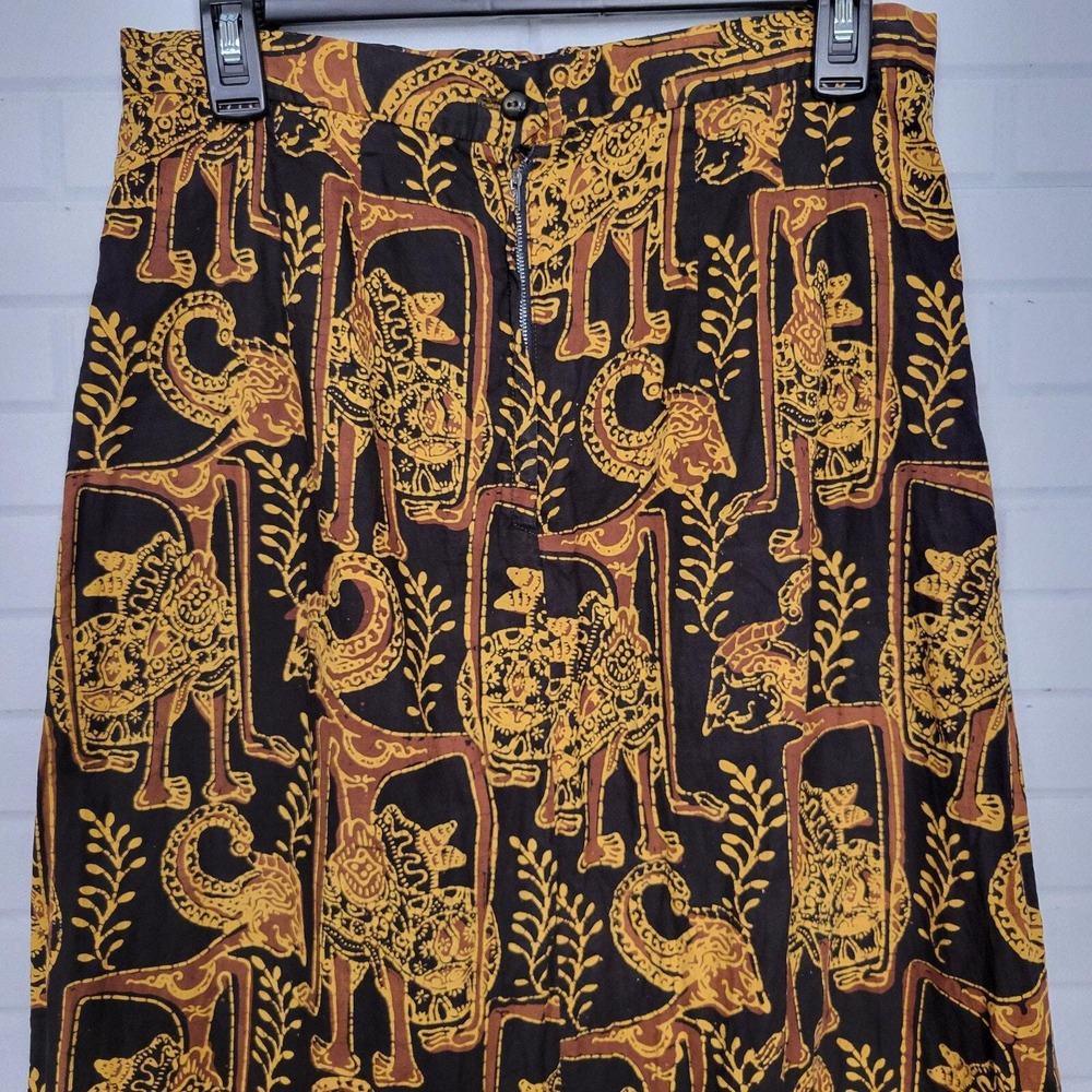 Vtg 70s Maxi Skirt Indonesian Figural Print Size Sz M Metal Zip Boho Resort - Picture 4 of 10